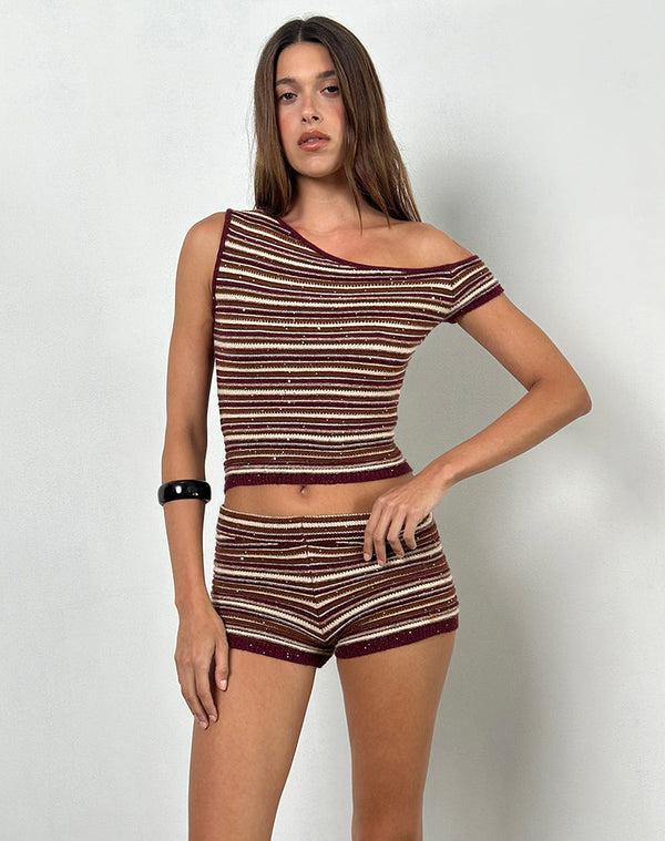 Motel Rocks Tamia Off Shoulder Top In Shimmer Stripe Knit Rust
