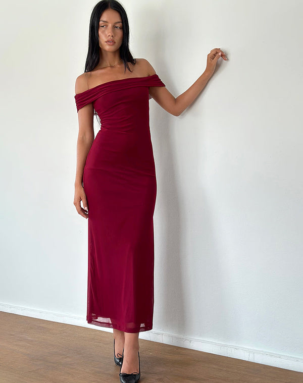 Motel Rocks Tarna Bardot Maxi Dress In Mesh Burgundy