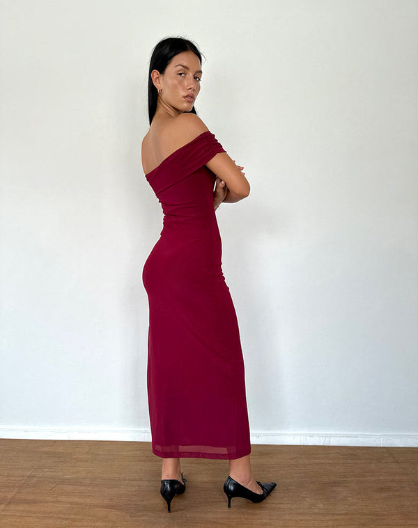 Motel Rocks Tarna Bardot Maxi Dress In Mesh Burgundy