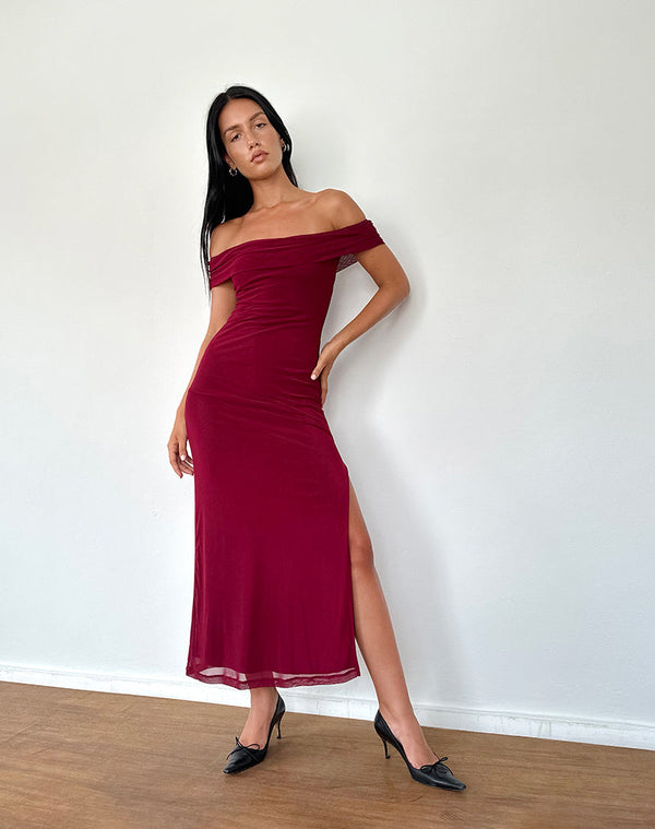 motel rocks Tarna Bardot Maxi Dress in Mesh Burgundy
