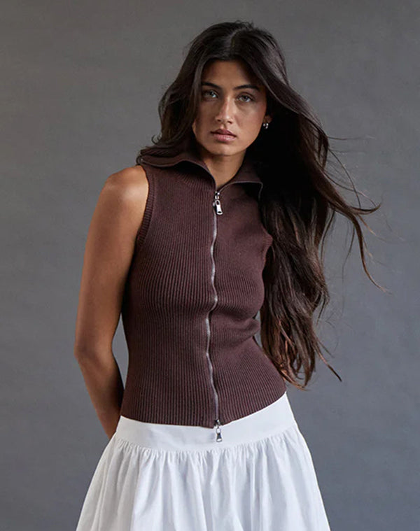 motel rocks Tarni Highneck Fold Over Tank Top in Brown