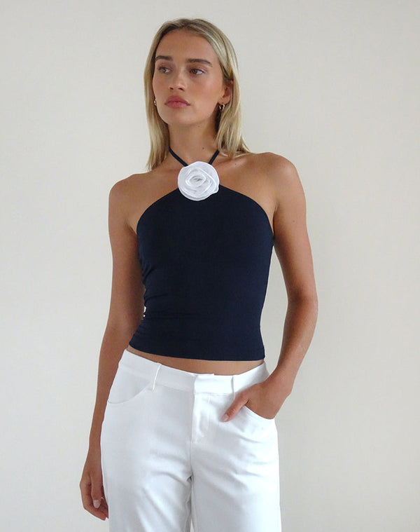 Motel Rocks Tarrina Halterneck Top In Dark Navy With White Rosette