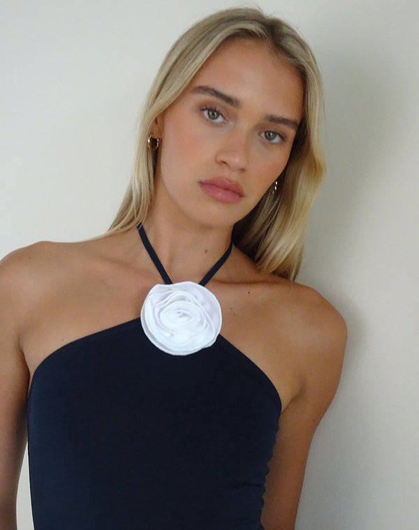 Motel Rocks Tarrina Halterneck Top In Dark Navy With White Rosette