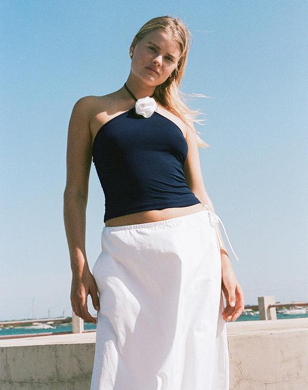 motel rocks Tarrina Halterneck Top in Dark Navy with White Rosette