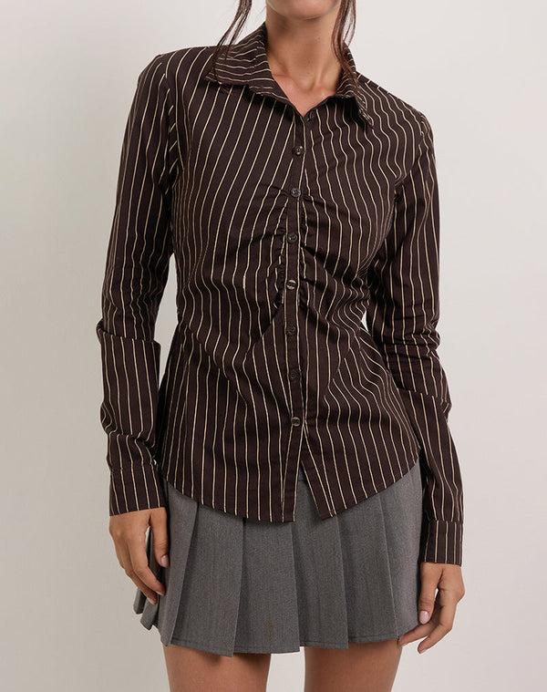 Motel Rocks Tarsi Fitted Shirt In Mono Pinstripe Chocolate