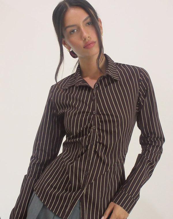 Motel Rocks Tarsi Fitted Shirt In Mono Pinstripe Chocolate