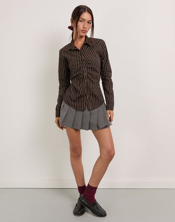 motel rocks Tarsi Fitted Shirt in Mono Pinstripe Chocolate