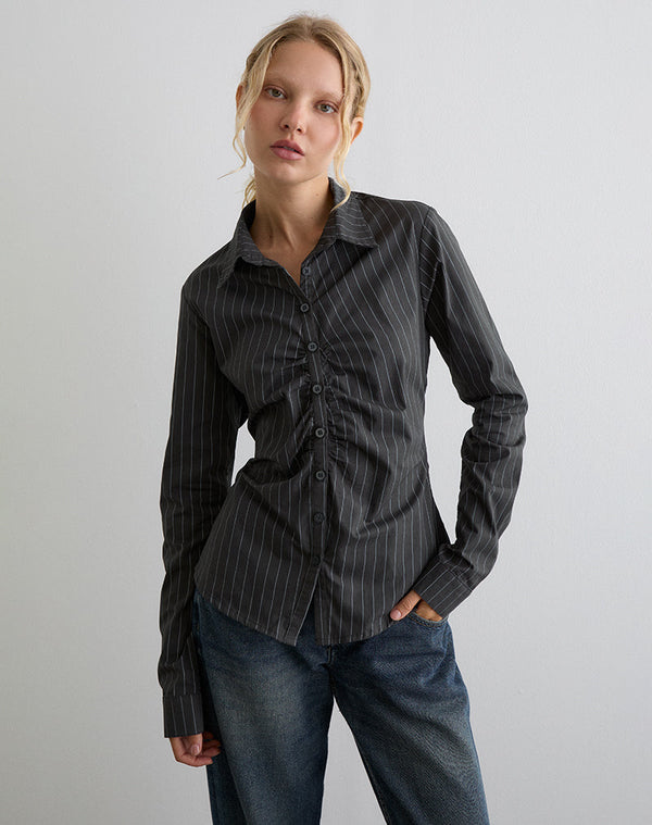 Motel Rocks Tarsi Fitted Shirt In Mono Pinstripe Grey