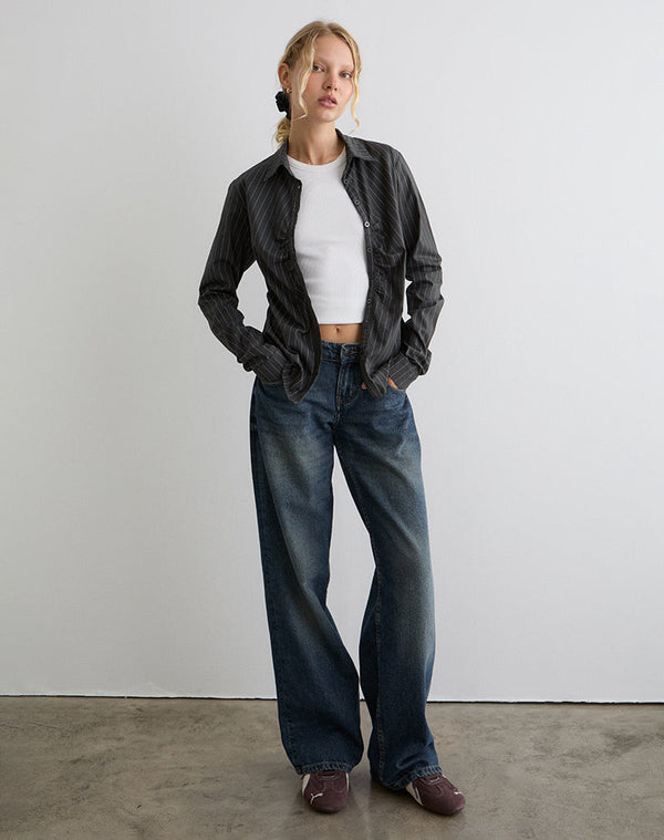 Motel Rocks Tarsi Fitted Shirt In Mono Pinstripe Grey