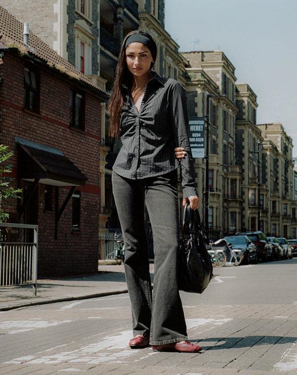 motel rocks Tarsi Fitted Shirt in Mono Pinstripe Grey