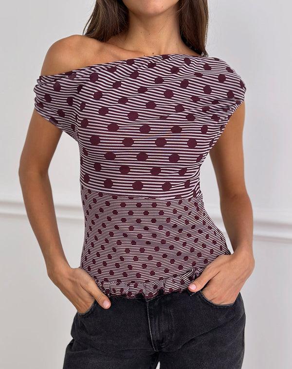 Motel Rocks Tarya Asymmetric Top In Stripe Polka Plum