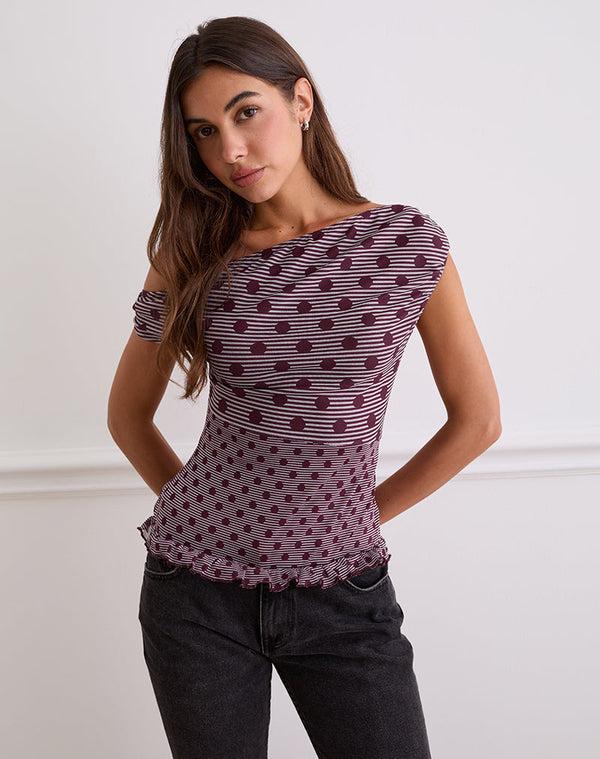 Motel Rocks Tarya Asymmetric Top In Stripe Polka Plum