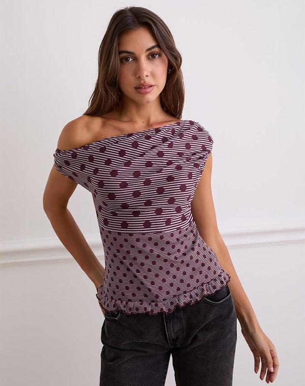 motel rocks Tarya Asymmetric Top in Stripe Polka Plum