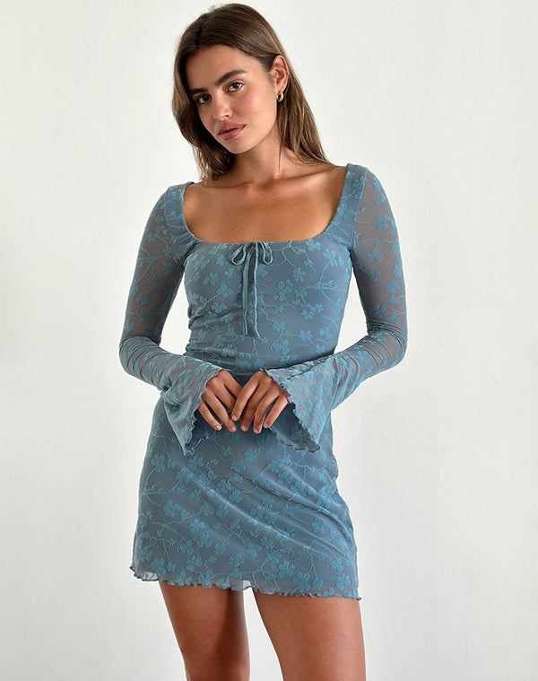 motel rocks Tatyana Mini Dress in Grunge Floral Blue Grey