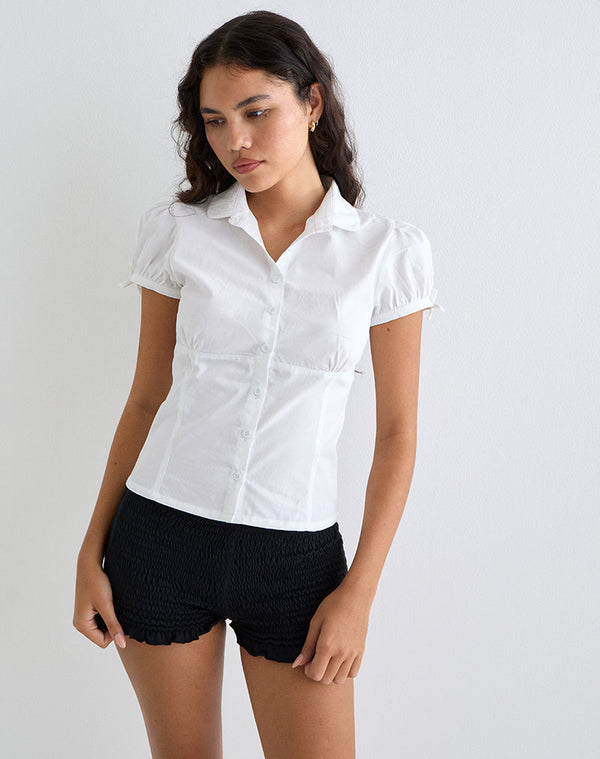 Motel Rocks Thrine Puff Sleeve Shirt In Poplin White