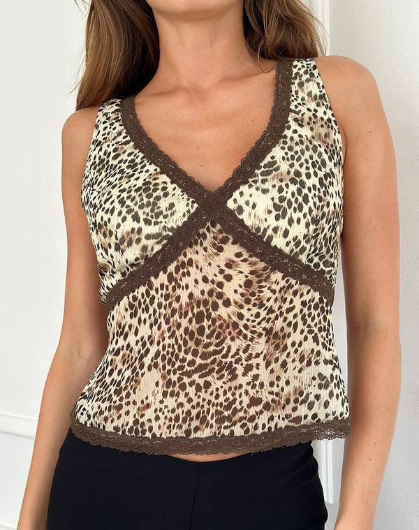 motel rocks Timmy Top in Wild Leopard with Brown Lace