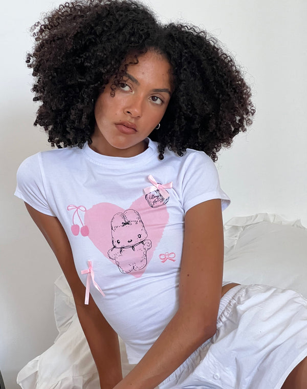motel rocks Tiona Cropped Tee in White with Love Bunny Print and Embroidery
