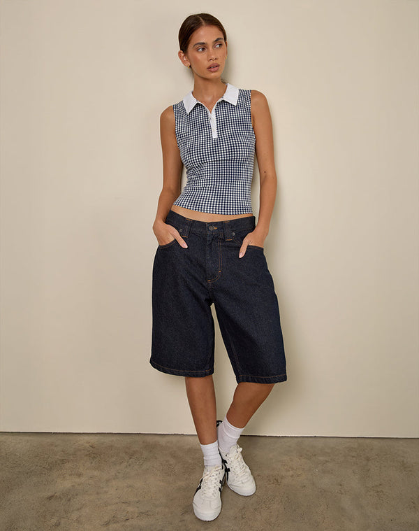 Motel Rocks Tisuka Polo Top In Seersucker Gingham Navy