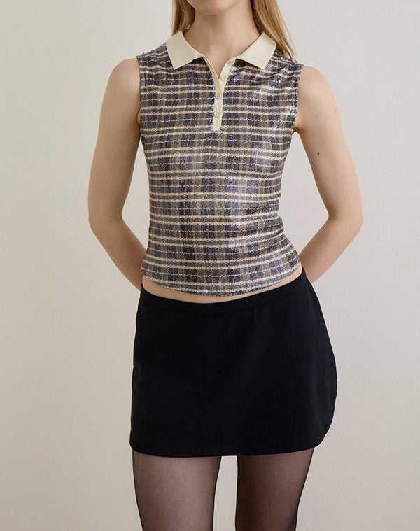 Motel Rocks Tisuka Polo Top In Sequin Vintage Check Brown