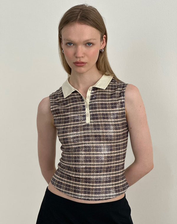 motel rocks Tisuka Polo Top in Sequin Vintage Check Brown