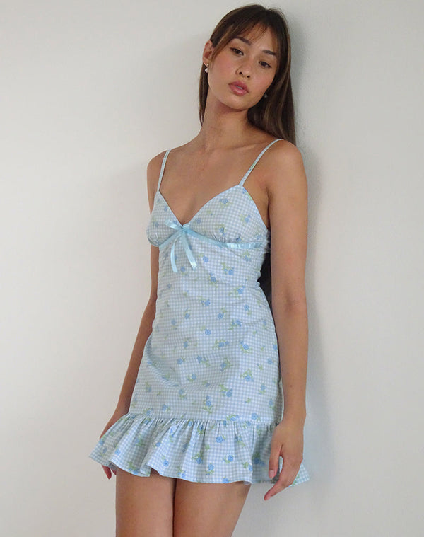 motel rocks Tivata Mini Dress in Blue Flower Gingham