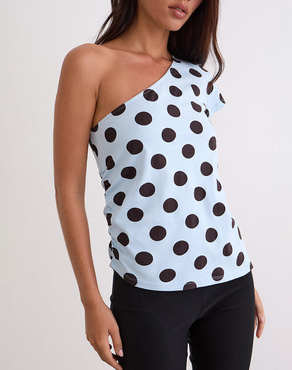 Motel Rocks Tokiwa Asymmetric Shoulder Tee In Big Polka Blue Brown