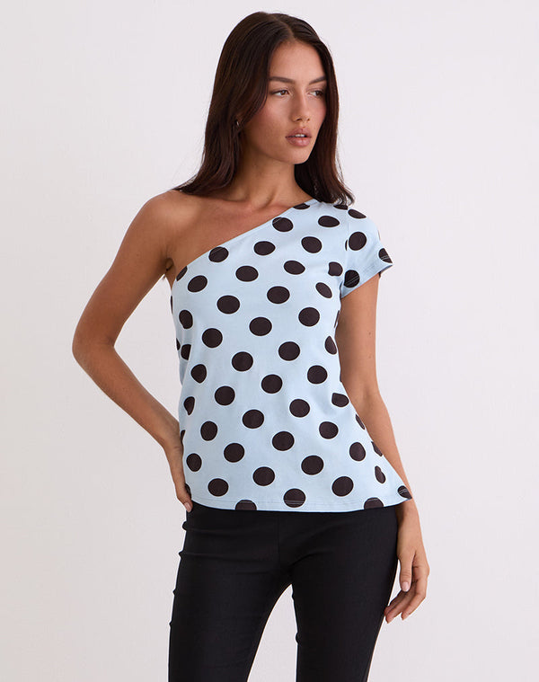 motel rocks Tokiwa Asymmetric Shoulder Tee in Big Polka Blue Brown