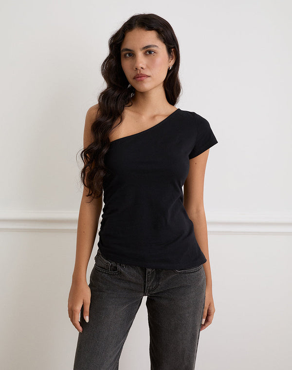 motel rocks Tokiwa Asymmetric Shoulder Tee in Black