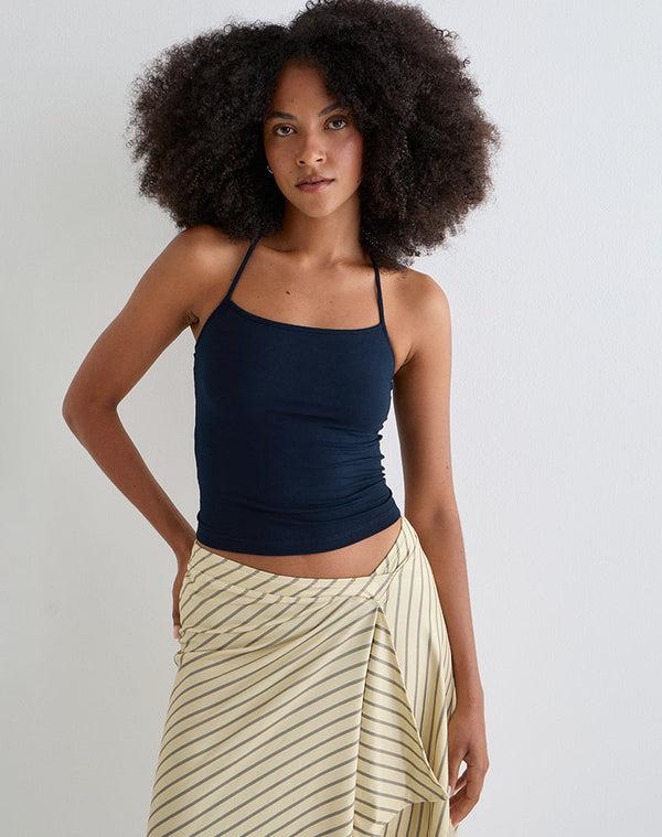 motel rocks Tomoe Halter Neck Top in Rayon Jersey Navy