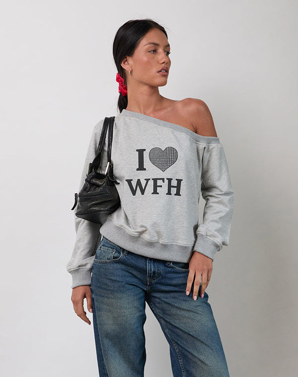 motel rocks Toria Sweatshirt in Grey Marl with I Love WFH Graphic
