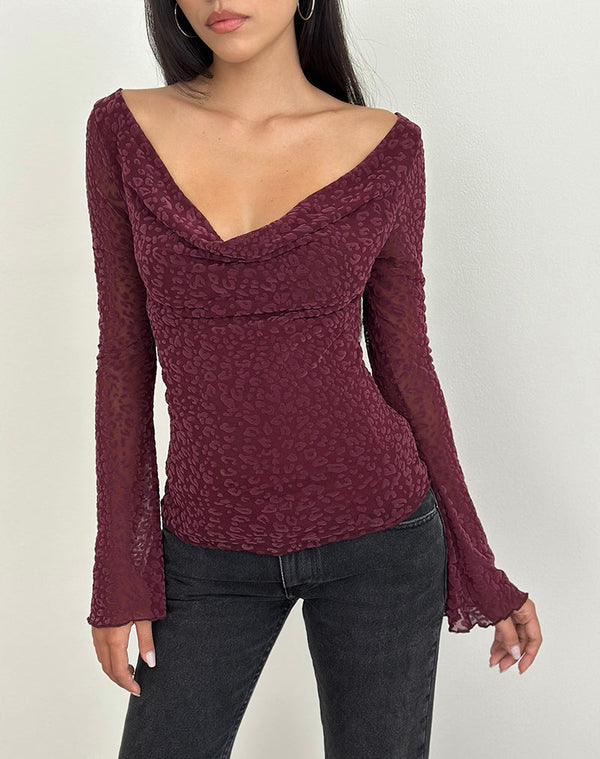 Motel Rocks Trivedi Long Sleeve Top In Flock Mini Leopard Plum
