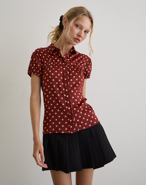 Motel Rocks Ulsan Fitted Shirt In Burnt Red With Polka Print