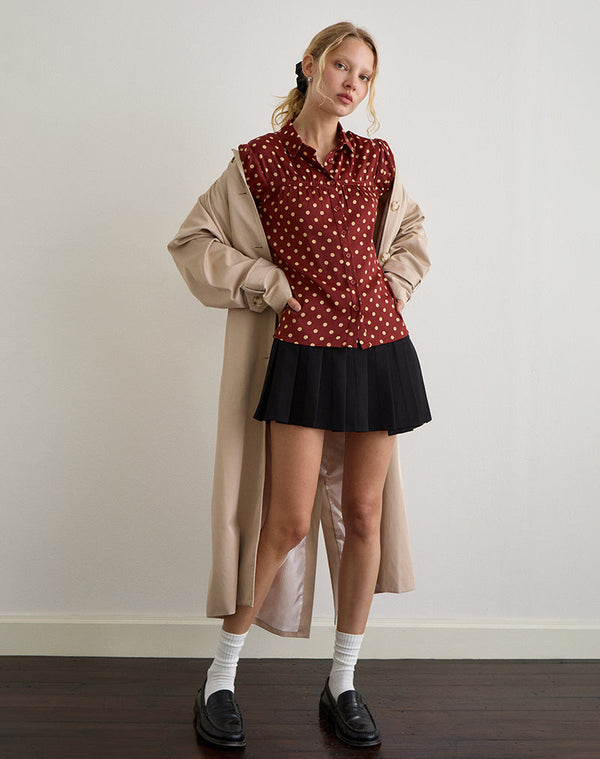 Motel Rocks Ulsan Fitted Shirt In Burnt Red With Polka Print