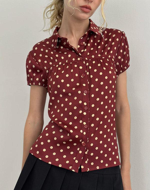 motel rocks Ulsan Fitted Shirt in Burnt Red with Polka Print