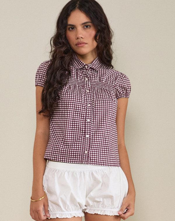motel rocks Ulsan Fitted Shirt in Mini Gingham Wine