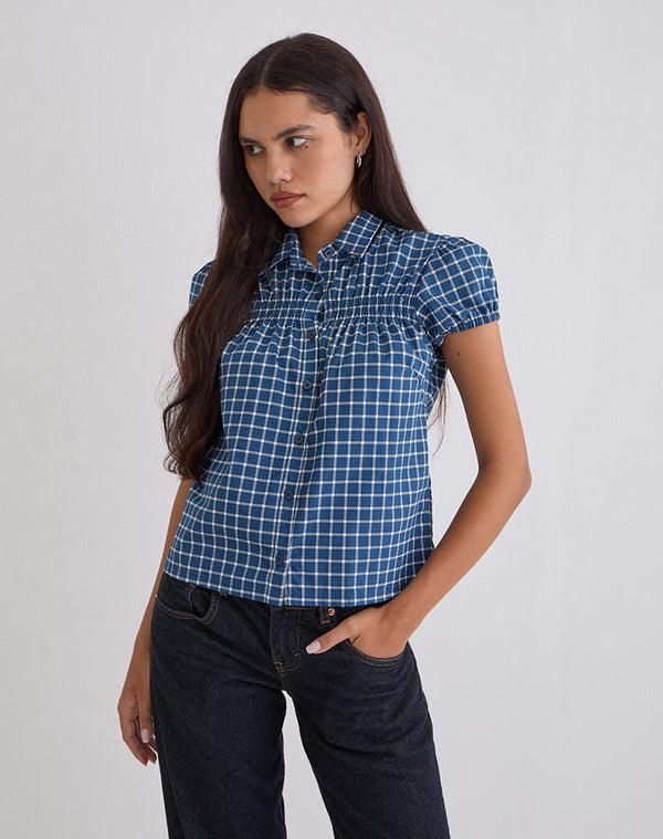 Motel Rocks Ulsan Fitted Shirt In Navy Tartan Poplin