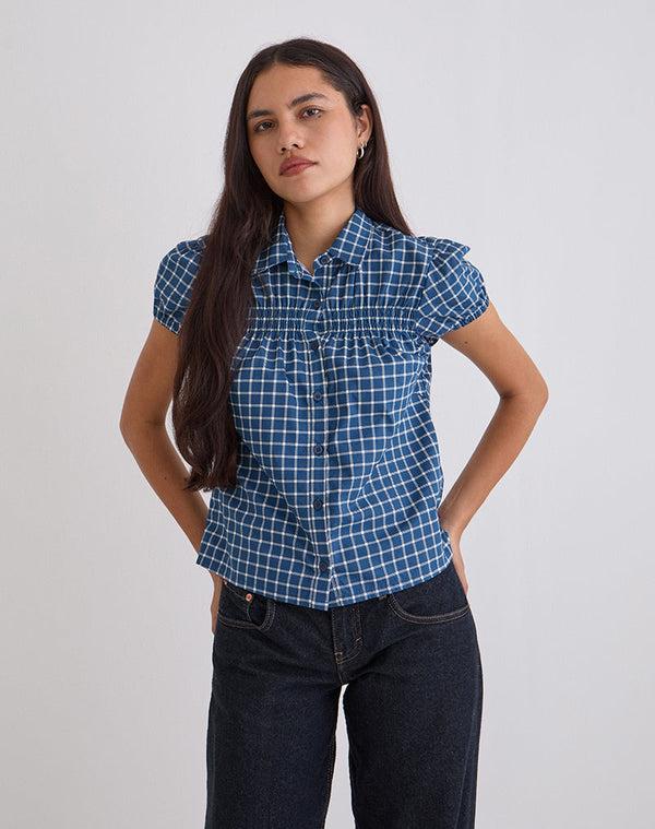 Motel Rocks Ulsan Fitted Shirt In Navy Tartan Poplin