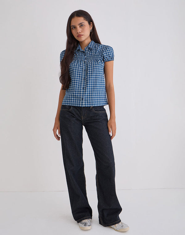 motel rocks Ulsan Fitted Shirt in Navy Tartan Poplin