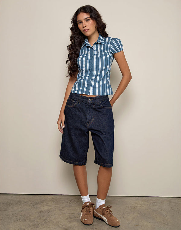 Motel Rocks Ulsan Fitted Shirt In Poplin Formal Stripe Navy