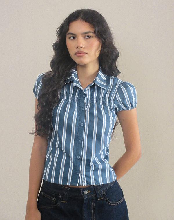 Motel Rocks Ulsan Fitted Shirt In Poplin Formal Stripe Navy
