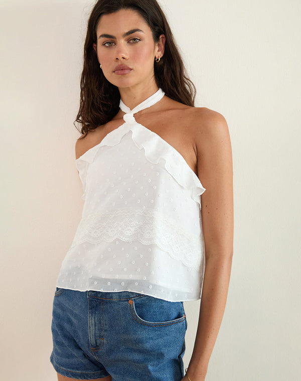 Motel Rocks Uran Halterneck Top In Dobby Chiffon Lace White