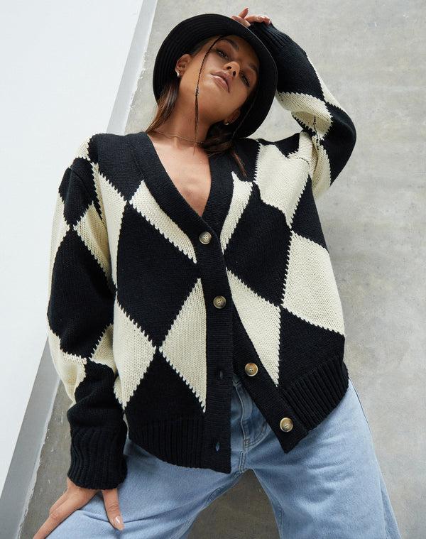 Motel Rocks Uriela Cardigan In Harlequin Black And Off White