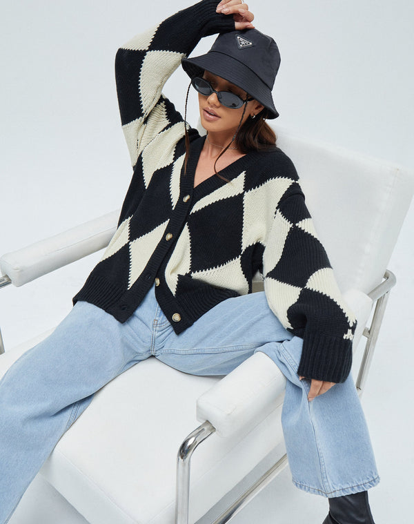 motel rocks Uriela Cardigan in Harlequin Black and Off White