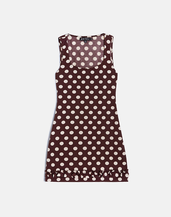 Motel Rocks Vadora Frill Hem Mini Dress In Brown With Big Polka Cream