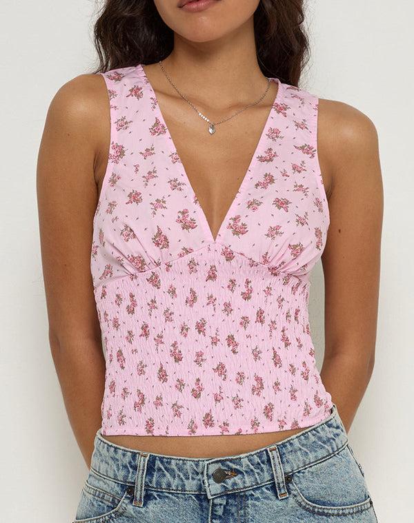 Motel Rocks Valisa Plunge Top In Floral Romance Pink