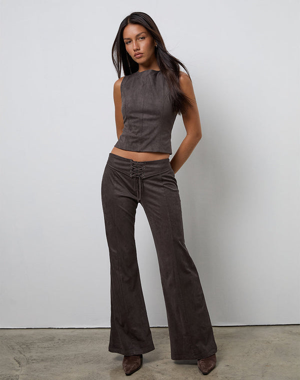 Motel Rocks Vallen Trousers In Dark Faux Suede Chestnut