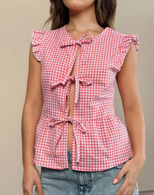 Motel Rocks Vataka Tie Front Top In Mini Gingham Peach