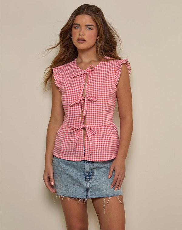 motel rocks Vataka Tie Front Top In Mini Gingham Peach