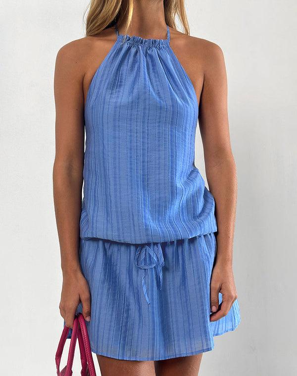 Motel Rocks Veloria Halterneck Mini Dress In Blue Chiffon Painted Stripe