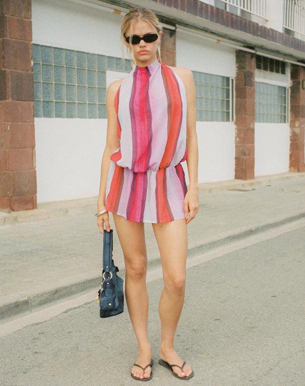 Motel Rocks Veloria Halterneck Mini Dress In Pink Sheer Chiffon Painted Stripe